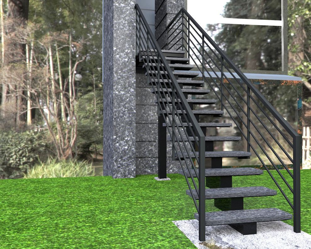 На фото: маленькая прямая лестница в современном стиле с ступенями из известняка и металлическими перилами без подступенок для на участке и в саду