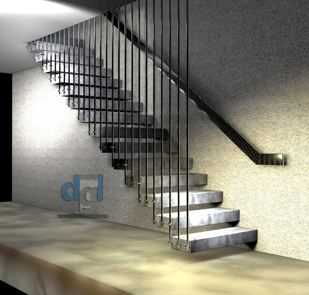 Стильный дизайн: лестница на больцах, среднего размера в стиле модернизм с мраморными ступенями и металлическими перилами без подступенок - последний тренд