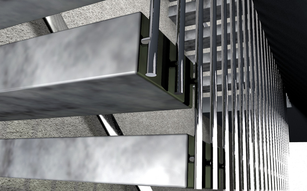Immagine di una scala sospesa design di medie dimensioni con pedata in marmo, nessuna alzata e parapetto in metallo