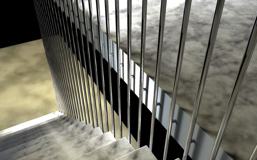 Modelo de escalera suspendida contemporánea de tamaño medio sin contrahuella con escalones de mármol y barandilla de metal