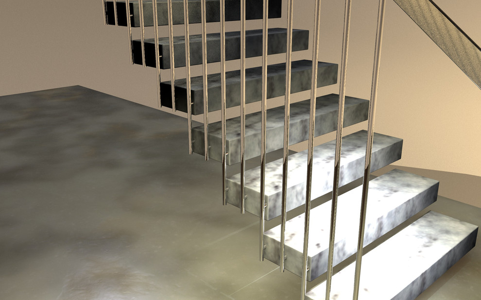 Immagine di una scala sospesa minimal di medie dimensioni con pedata in marmo, nessuna alzata e parapetto in metallo