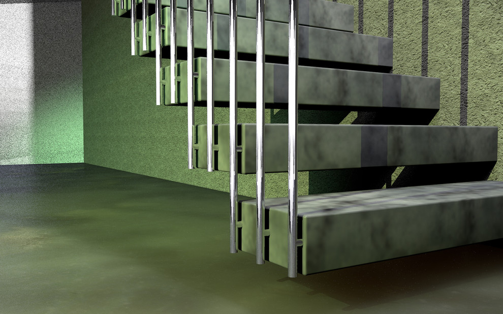 Modelo de escalera suspendida contemporánea de tamaño medio sin contrahuella con escalones de mármol y barandilla de metal