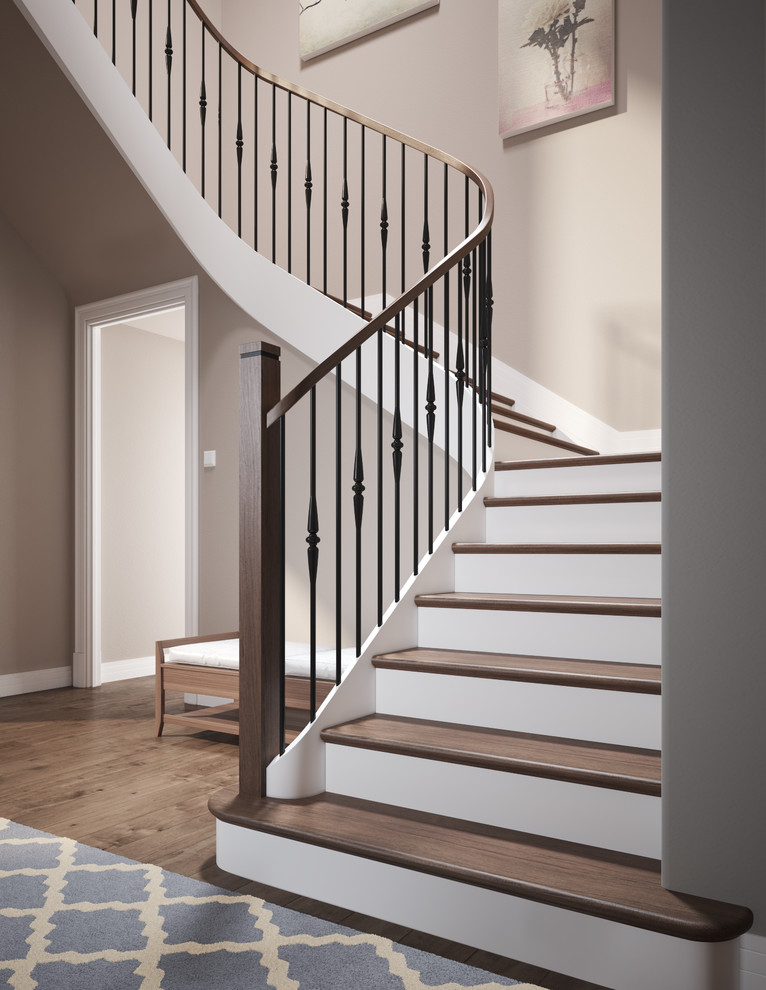 Inspiration for a contemporary wooden curved mixed material railing staircase remodel in Montreal with painted risers