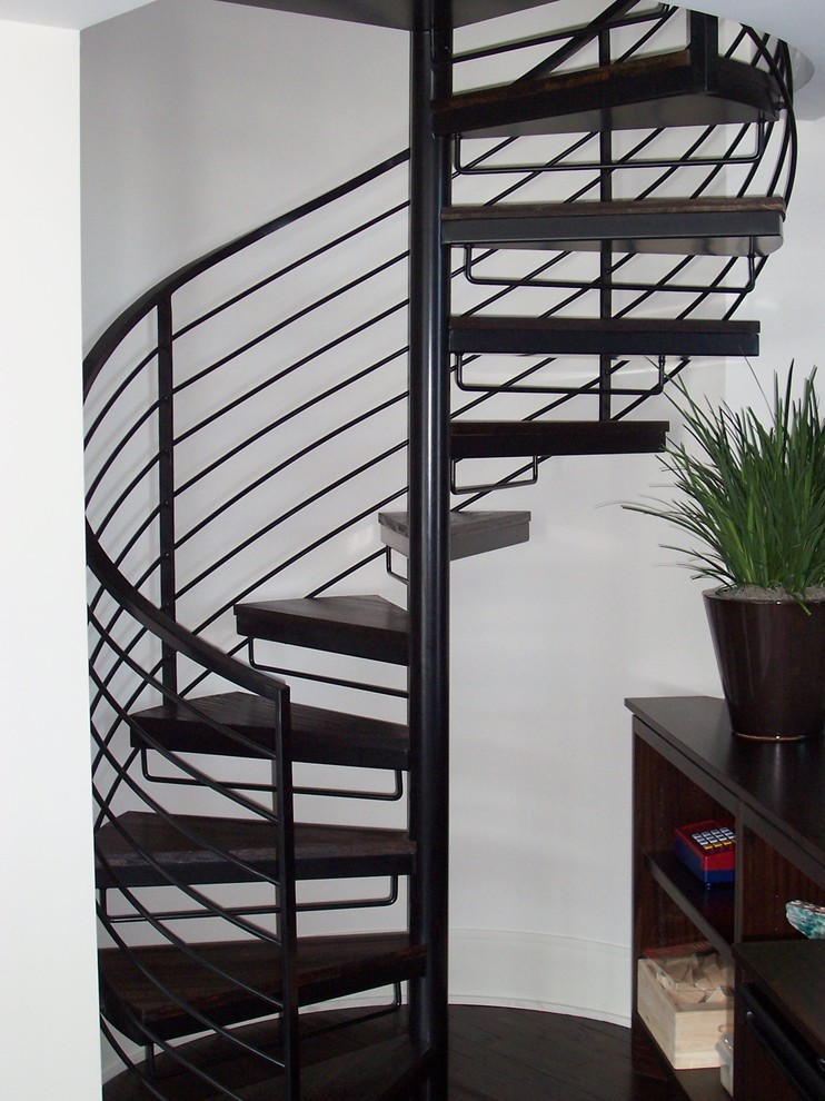 Mid-sized minimalist spiral open staircase photo in Salt Lake City