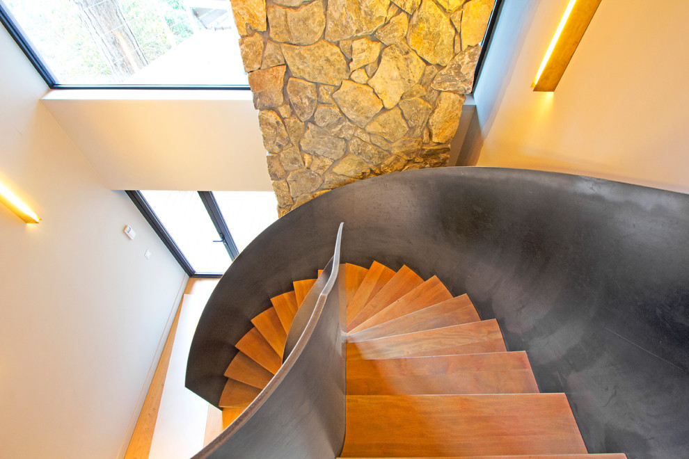 Exemple d'un escalier courbe tendance avec des marches en bois et des contremarches en métal.