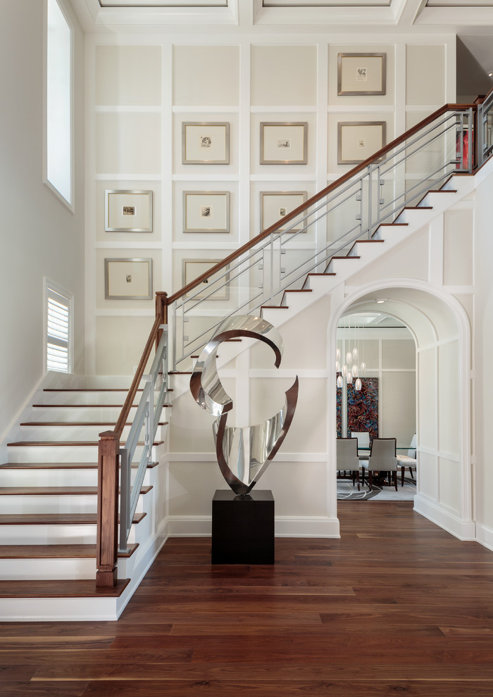 Traditional wood l-shaped mixed railing staircase in Miami with painted wood risers.