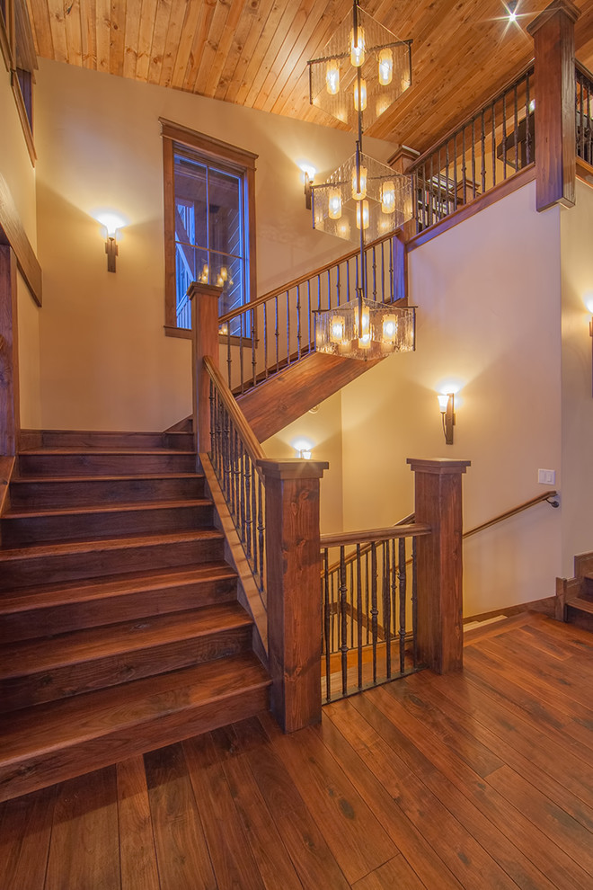 Staircase - rustic wooden l-shaped mixed material railing staircase idea in Denver with wooden risers