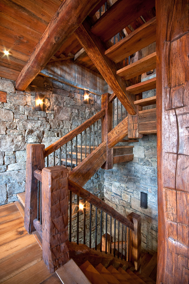 Источник вдохновения для домашнего уюта: лестница в стиле рустика с деревянными ступенями без подступенок