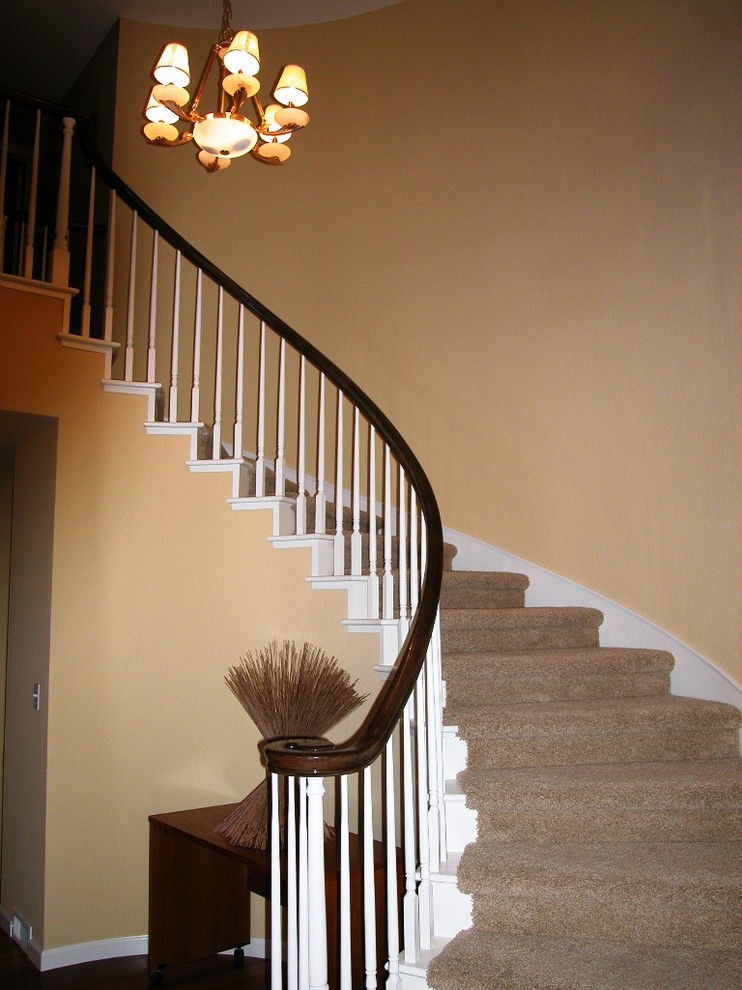 На фото: большая изогнутая лестница в классическом стиле с ступенями с ковровым покрытием и ковровыми подступенками с