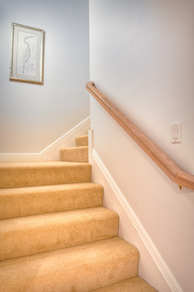 Стильный дизайн: угловая лестница среднего размера в морском стиле с ступенями с ковровым покрытием и ковровыми подступенками - последний тренд