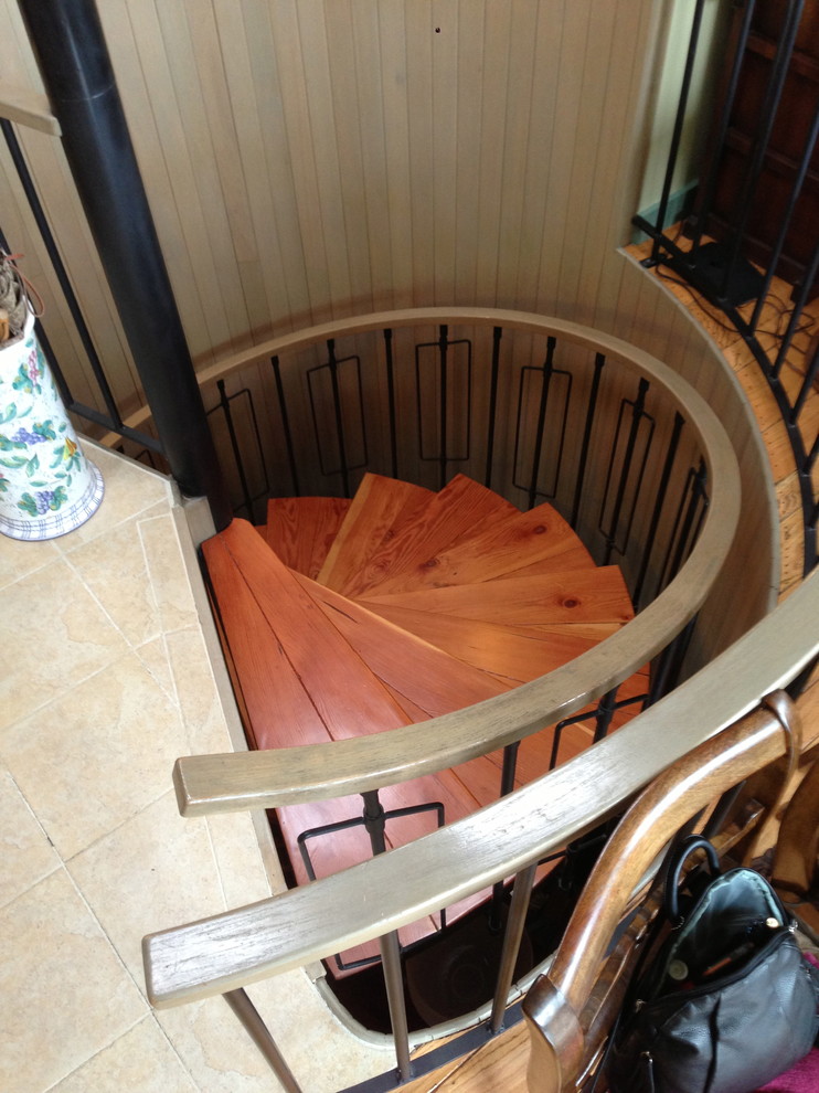 Exemple d'un escalier hélicoïdal chic avec des marches en bois et des contremarches en métal.