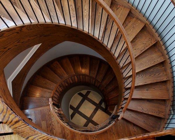 Diseño de escalera curva contemporánea grande con escalones de madera y contrahuellas de madera