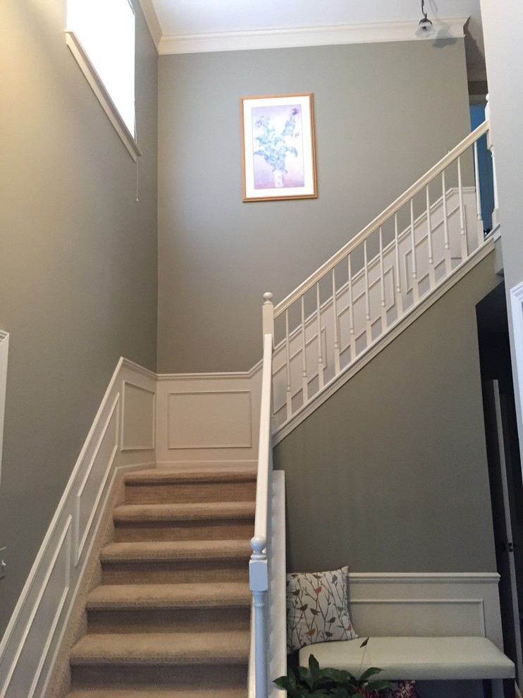 Inspiration for a mid-sized timeless carpeted staircase remodel in Detroit with carpeted risers