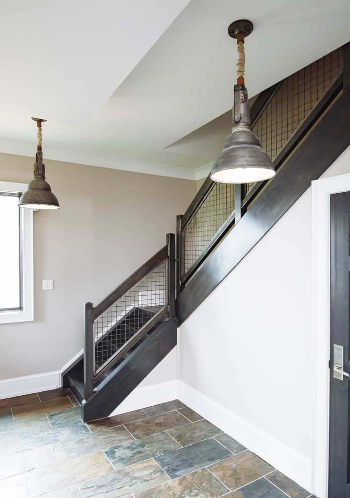 Staircase - mid-sized farmhouse wooden l-shaped metal railing staircase idea in Toronto with wooden risers