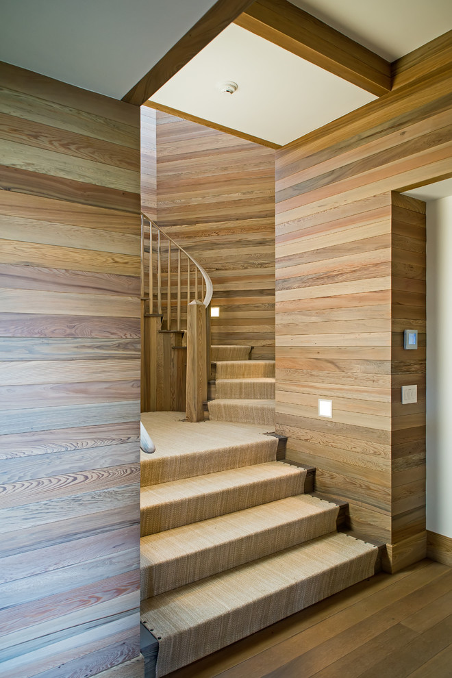 Источник вдохновения для домашнего уюта: изогнутая лестница в морском стиле с ступенями с ковровым покрытием и деревянными перилами