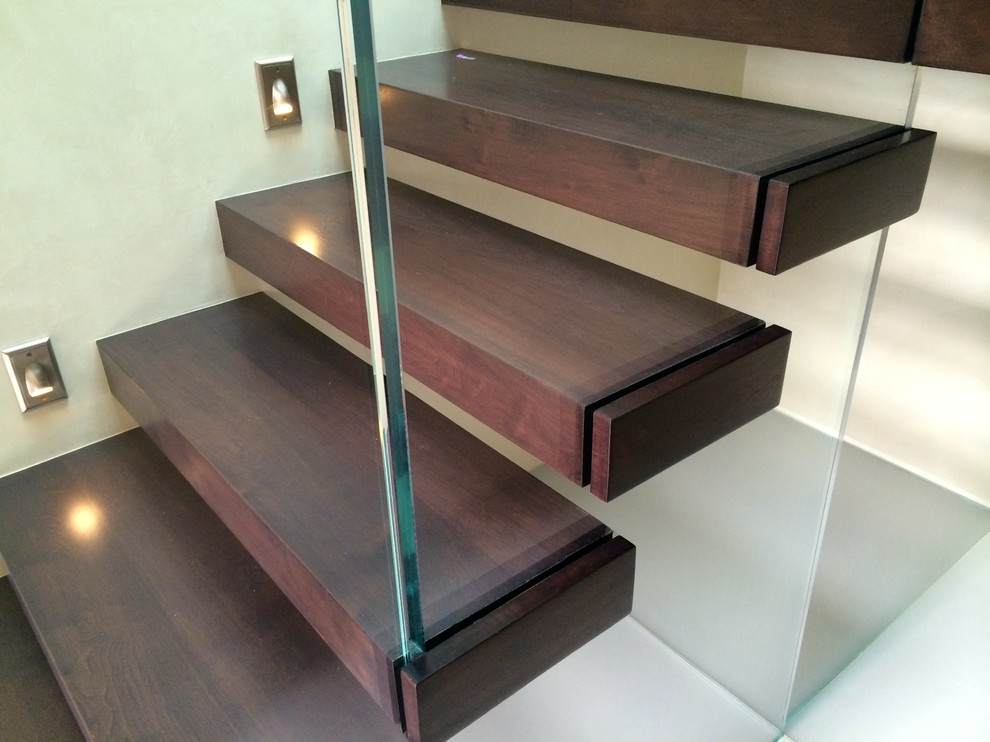 Cette image montre un petit escalier sans contremarche flottant design avec des marches en bois.