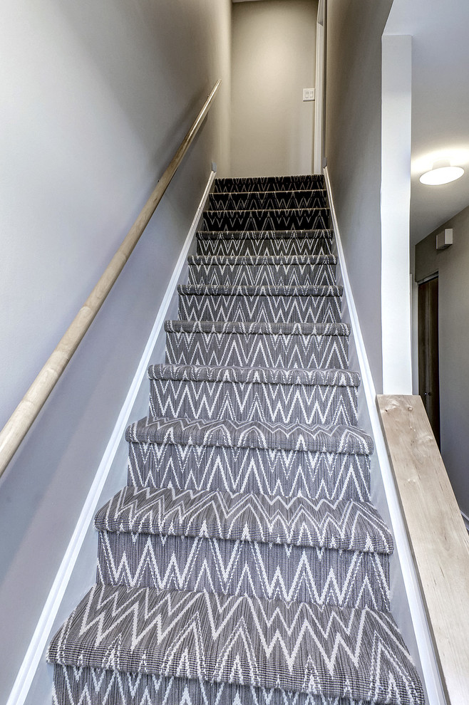 На фото: прямая лестница среднего размера в стиле неоклассика (современная классика) с ступенями с ковровым покрытием и ковровыми подступенками с