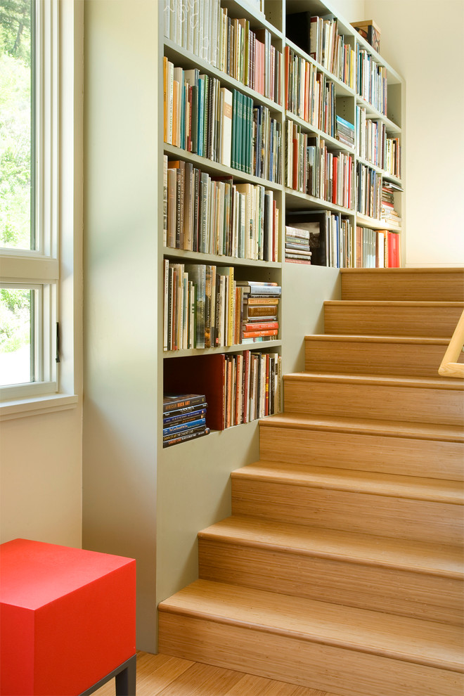 Cette image montre un escalier droit design de taille moyenne avec des marches en bois, des contremarches en bois et un garde-corps en bois.