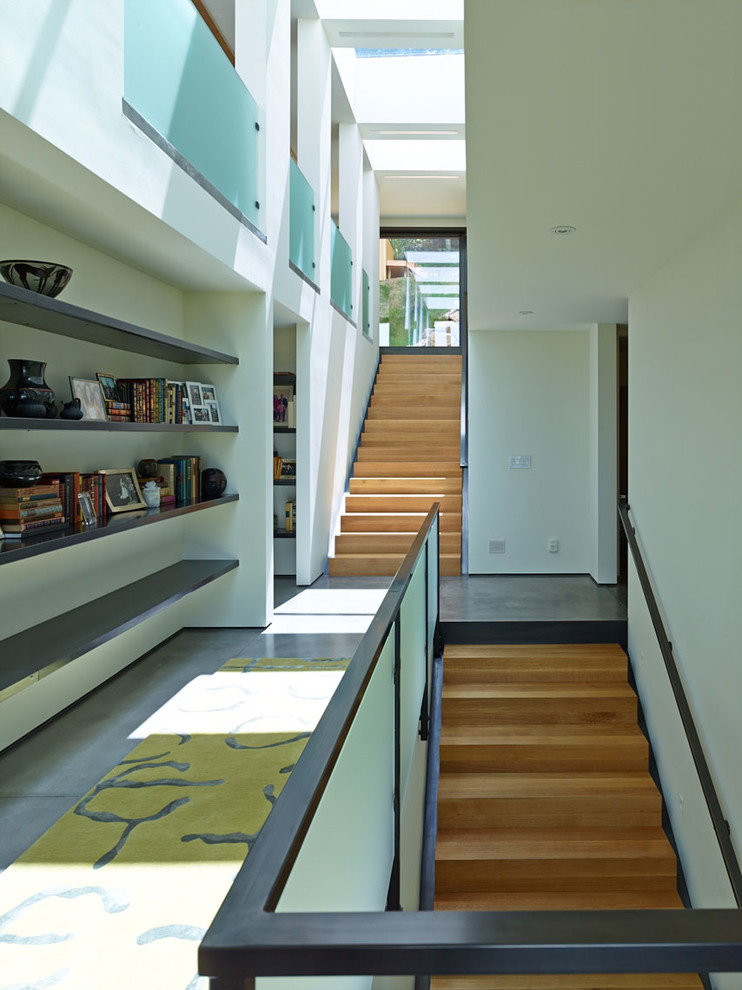 Foto de escalera recta contemporánea con escalones de madera y contrahuellas de madera