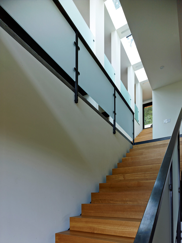 Modelo de escalera recta contemporánea grande con escalones de madera, contrahuellas de madera y barandilla de vidrio