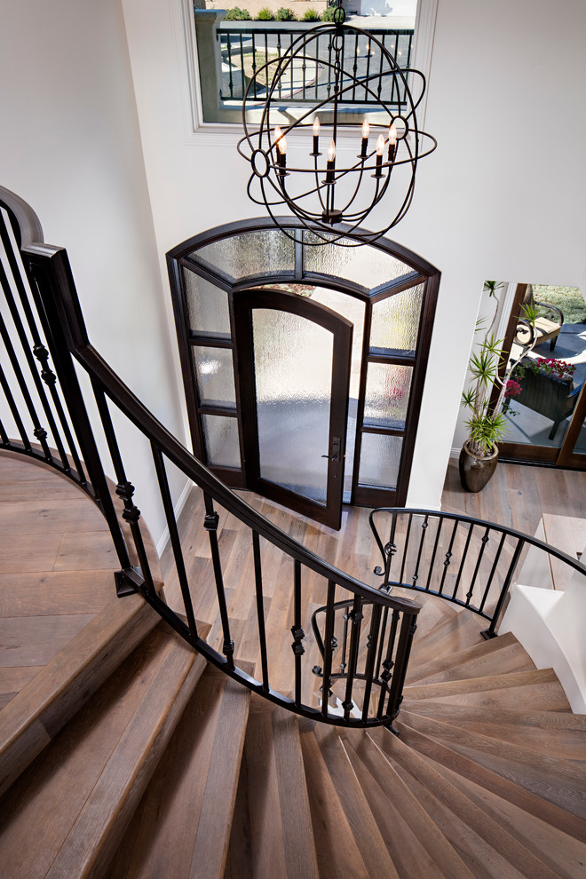 Example of a large transitional wooden curved metal railing staircase design in San Diego with wooden risers