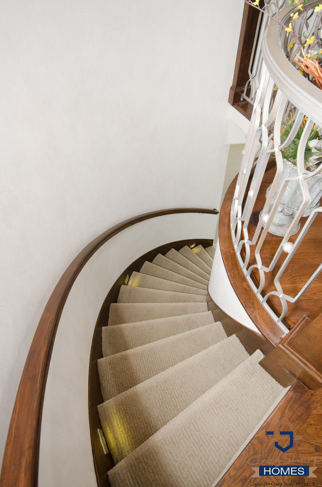 На фото: винтовая лестница среднего размера в современном стиле с ступенями с ковровым покрытием и ковровыми подступенками