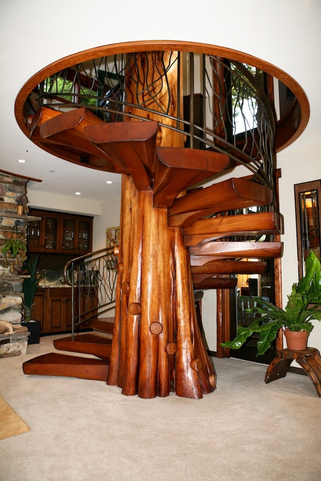 Staircase - mid-sized eclectic wooden spiral staircase idea in Other with wooden risers