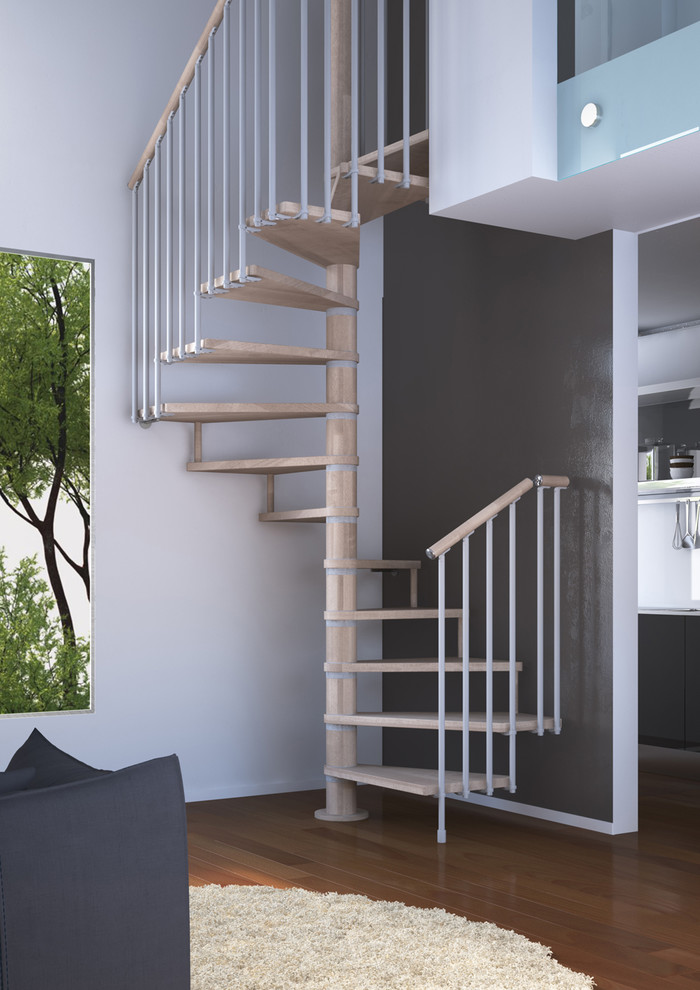 Diseño de escalera de caracol contemporánea de tamaño medio sin contrahuella con escalones de madera y barandilla de varios materiales