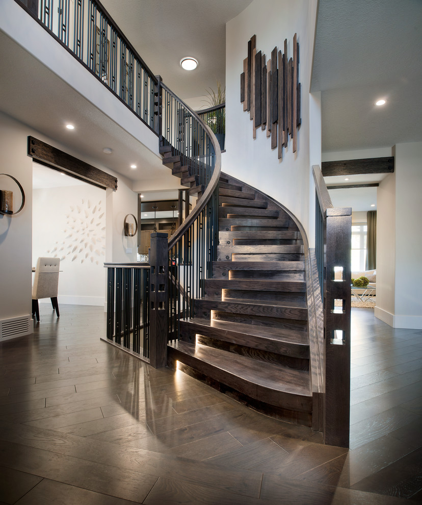 Cette photo montre un escalier courbe tendance avec des marches en bois, des contremarches en bois, un garde-corps en matériaux mixtes et éclairage.