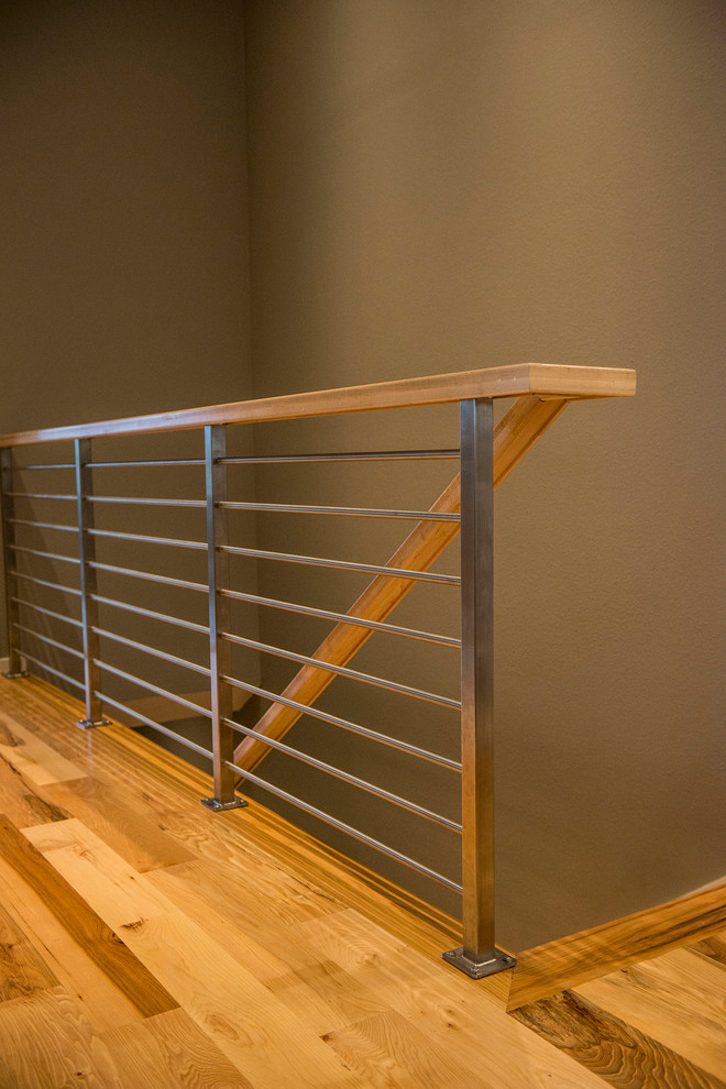 Stainess Steel and Maple Wood Railing - Midcentury - Staircase - Kansas