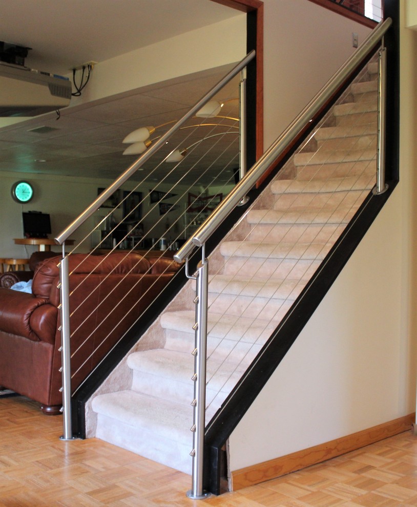 На фото: прямая лестница среднего размера в современном стиле с ступенями с ковровым покрытием, ковровыми подступенками и перилами из тросов с