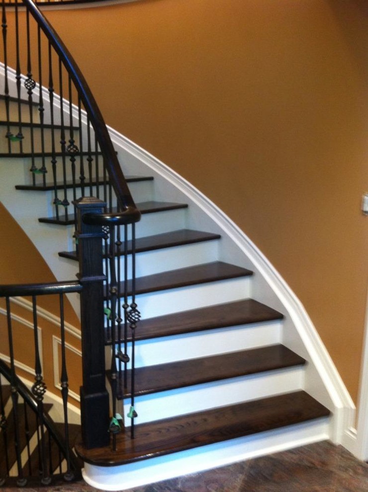 Stair Case Wrought Iron Pickets, Stained Risers, Painted Stringers