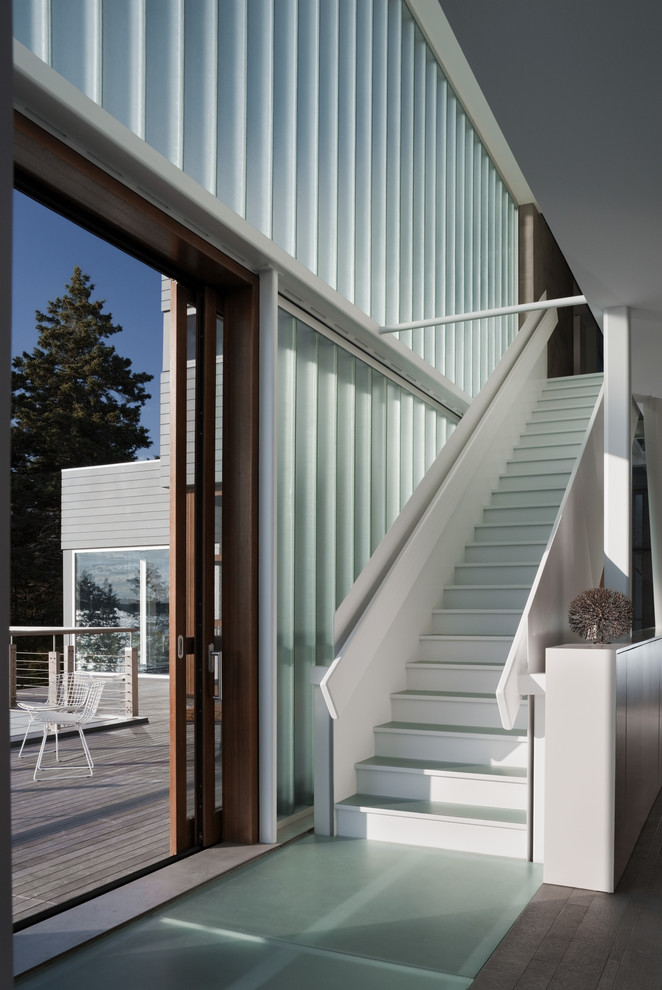 Design ideas for a modern straight staircase in Portland Maine.