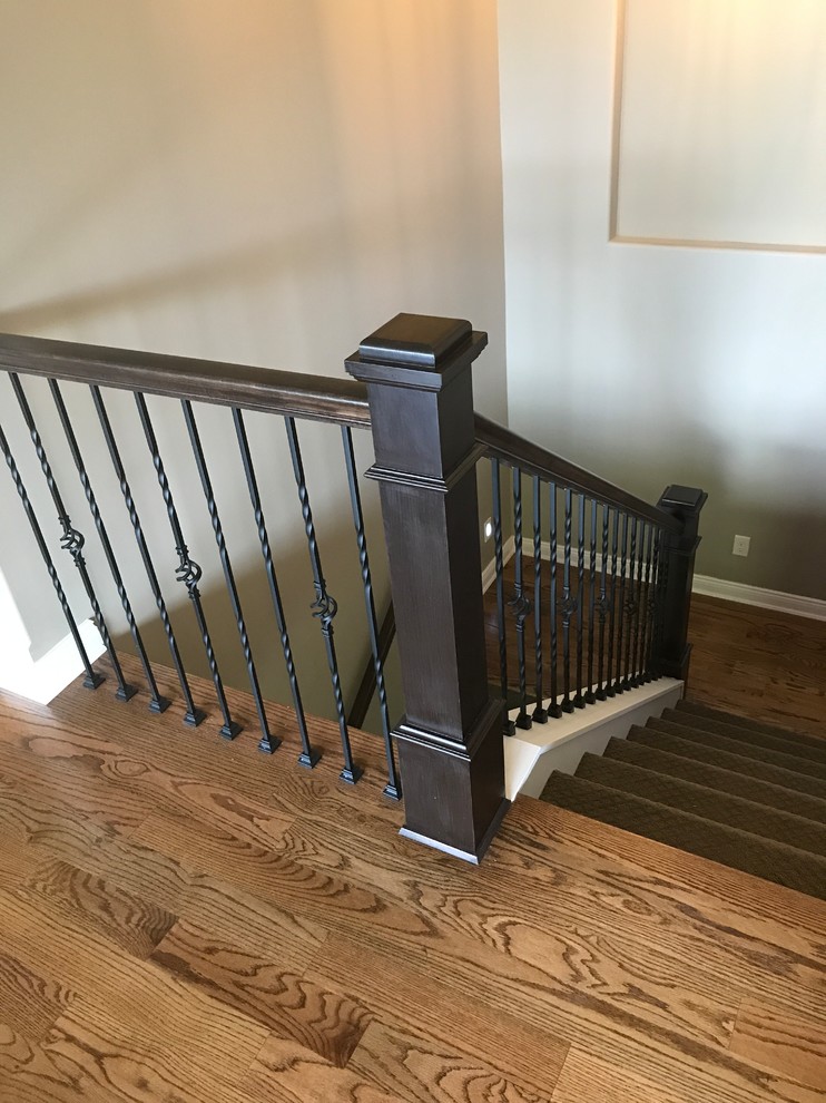 Photo of a medium sized classic wood u-shaped metal railing staircase in Wichita with painted wood risers.
