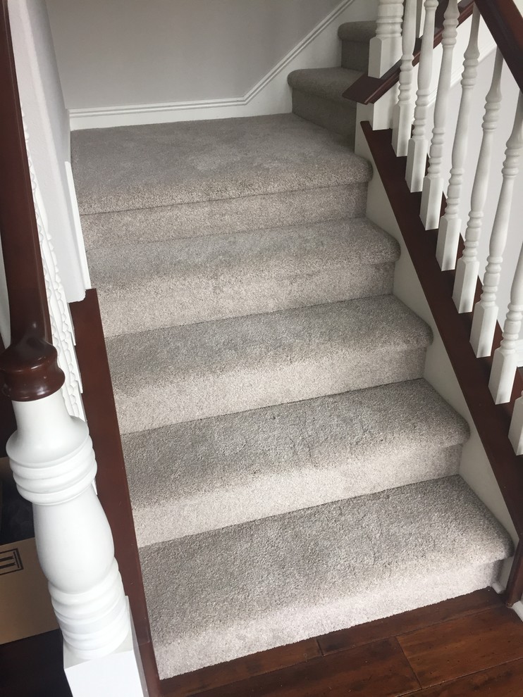 Inspiration for a medium sized traditional wood l-shaped staircase in Orange County with carpeted risers.