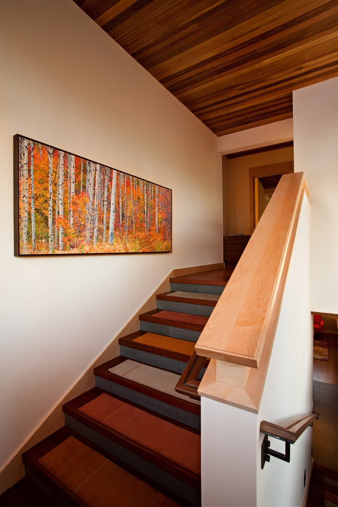 Idée de décoration pour un escalier chalet avec des marches en bois.