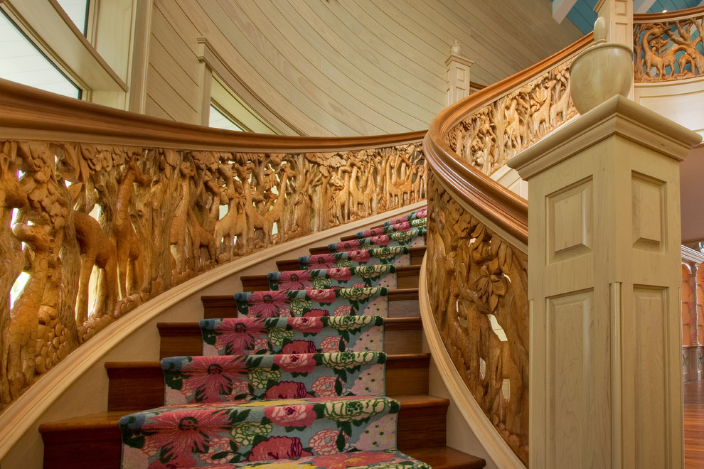 Inspiration for a large eclectic wood curved wood railing staircase in Detroit with wood risers.