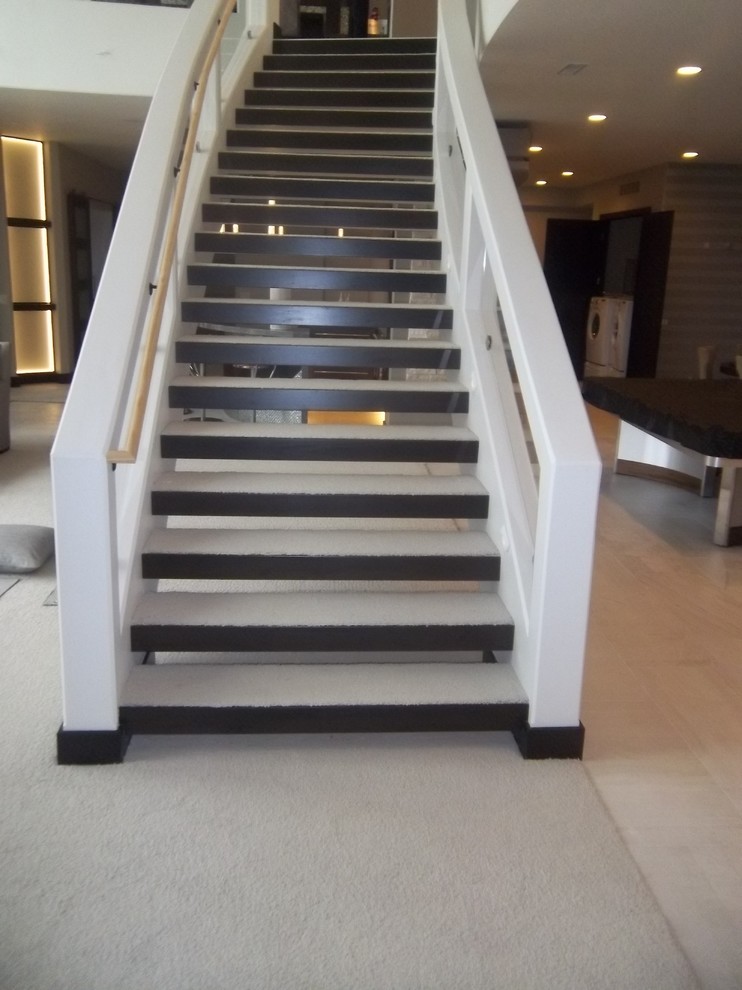 Inspiration för stora moderna svängda trappor, med heltäckningsmatta och sättsteg i trä