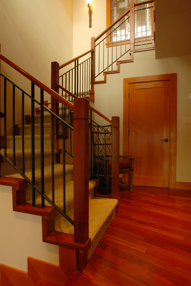 Inspiration för stora klassiska raka trappor, med heltäckningsmatta och sättsteg i trä