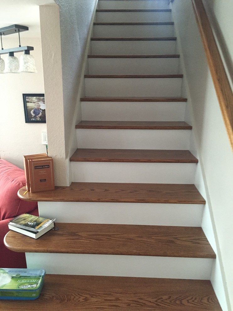 Staircase - mid-sized traditional wooden straight wood railing staircase idea in Other with painted risers