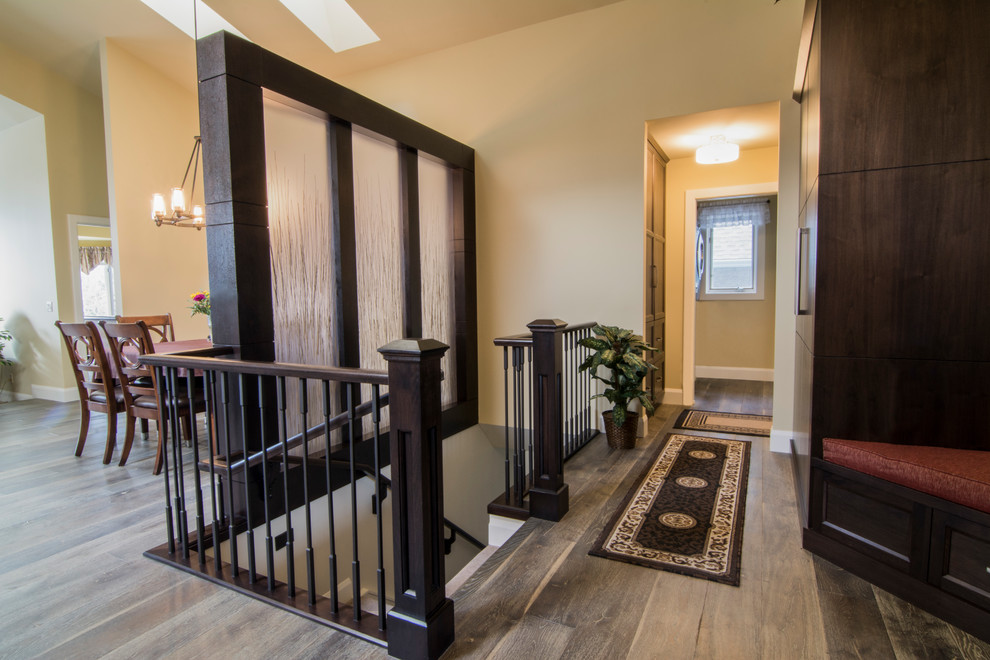 Staircase - mid-sized transitional wooden l-shaped mixed material railing staircase idea in Calgary with wooden risers