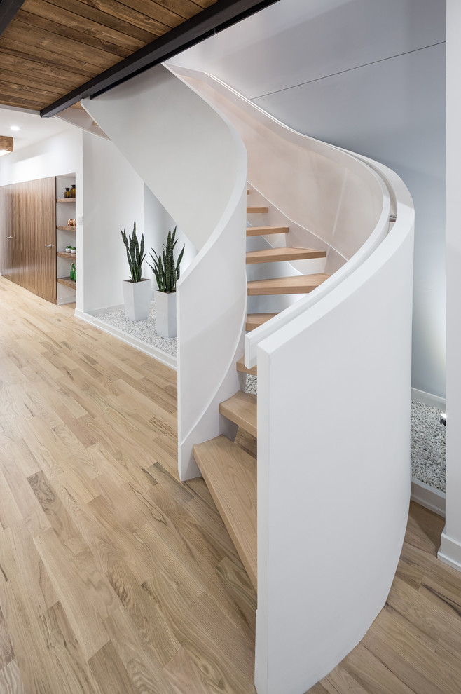 Идея дизайна: изогнутая лестница среднего размера в стиле модернизм с деревянными ступенями