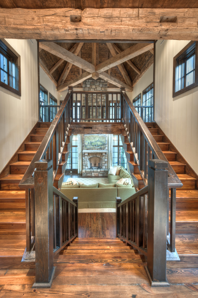 Staircase - mid-sized rustic wooden l-shaped open staircase idea in Charlotte