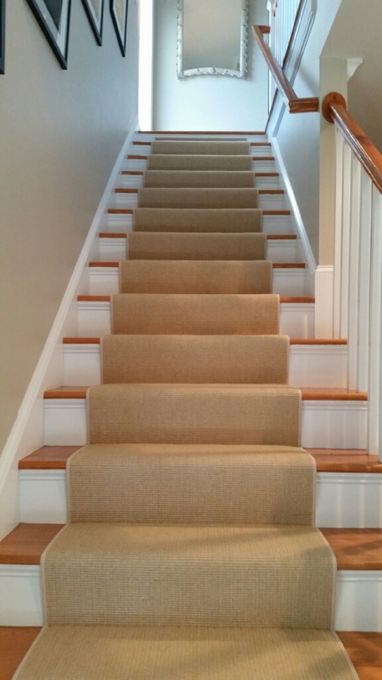 Идея дизайна: прямая лестница среднего размера в классическом стиле с ступенями с ковровым покрытием и ковровыми подступенками