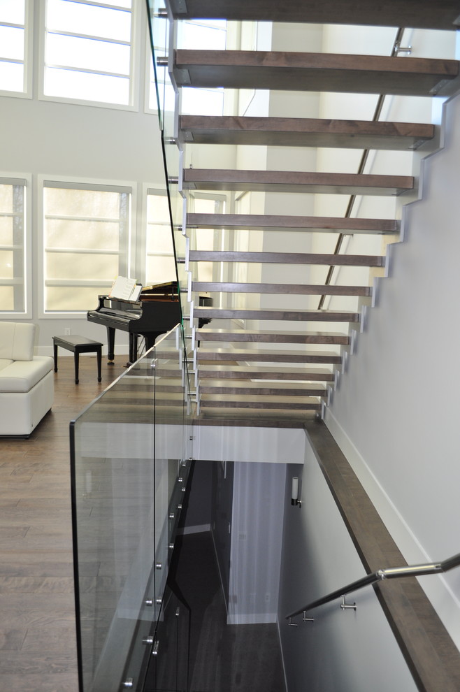 Steel Zig Zag Stringers Open Rise With Glass Modern Staircase Edmonton By Architech 