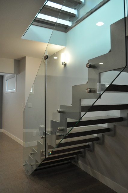 Steel Zig Zag Stringers Open Rise With Glass Modern Staircase Edmonton By Architech 