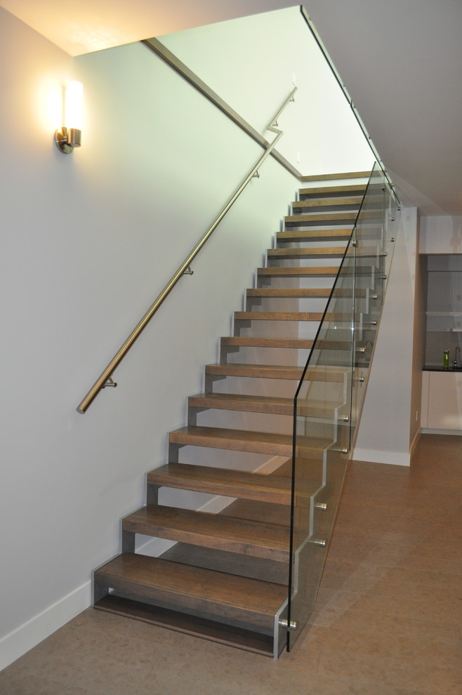 Mid-sized minimalist wooden straight open staircase photo in Edmonton