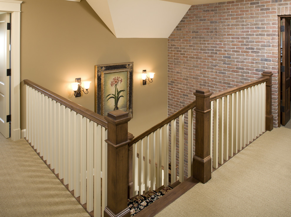 Inspiration for a medium sized farmhouse carpeted l-shaped staircase in Minneapolis with carpeted risers.