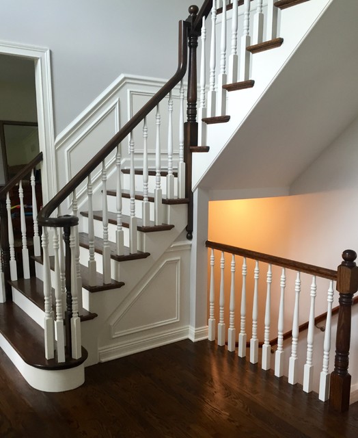 Straight And Platform Stair With Wooden Balustrade Traditional Staircase Chicago by Lake