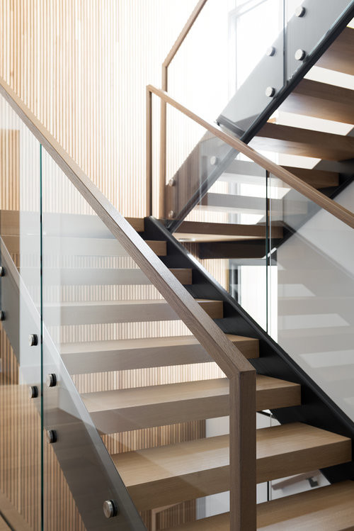 Источник вдохновения для домашнего уюта: п-образная лестница среднего размера в стиле модернизм с деревянными ступенями, ковровыми подступенками и стеклянными перилами